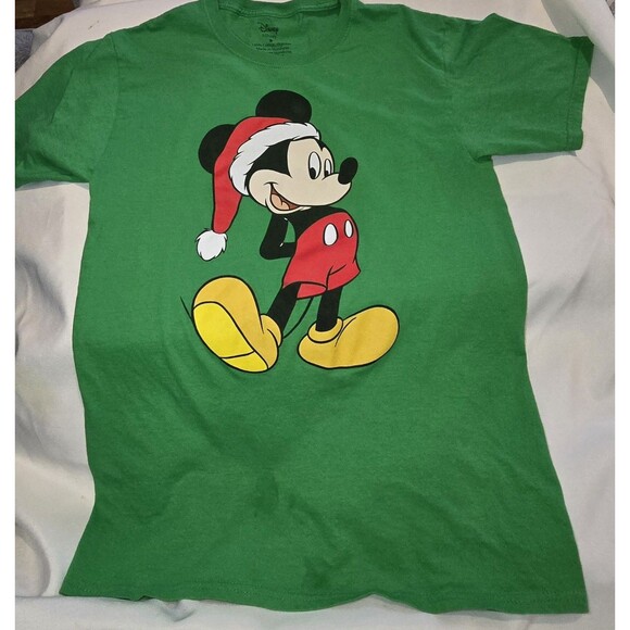 Disney Shirt Mickey Mouse Green Christmas Santa Shirt Size SMALL T-Shirt Holiday - Picture 1 of 5